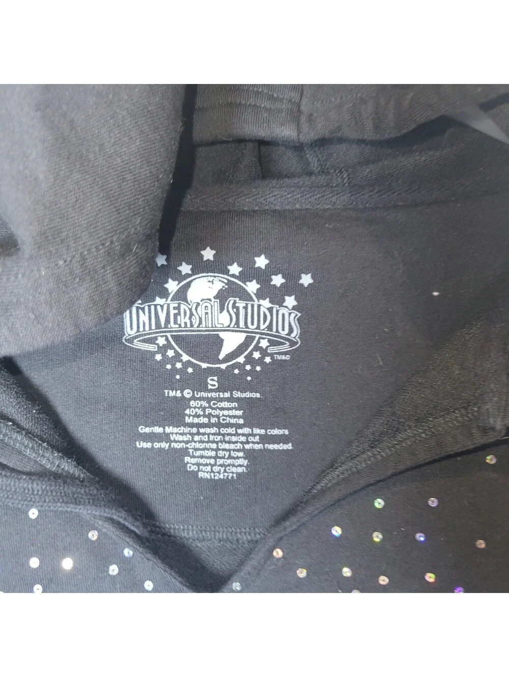 Universal Studios Women's Black Sequin Hooded Sweatshirt Pullover Top Size S
